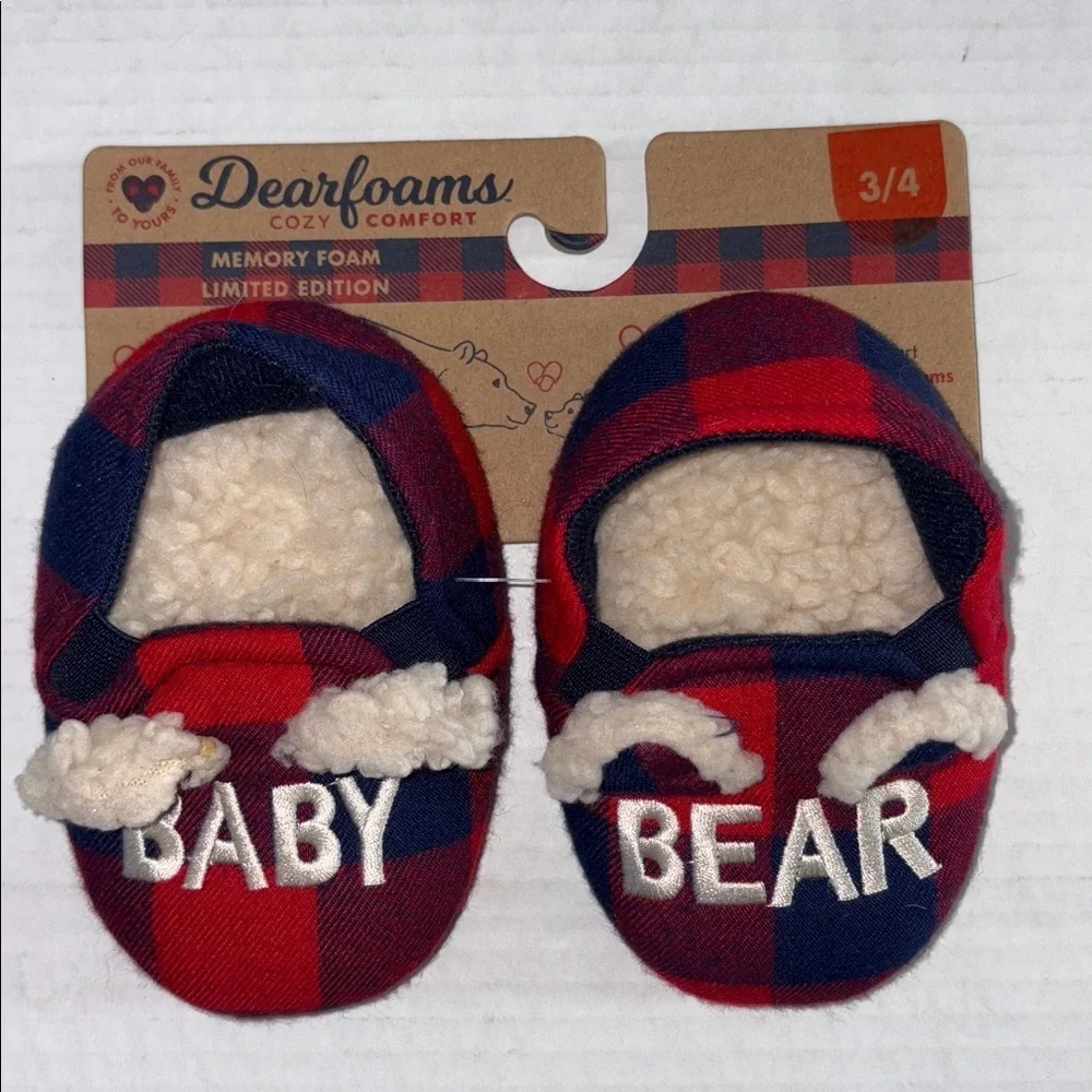 Dearfoams Baby Bear Red Blue Plaid Baby Slippers Memory Foam Size 3/4